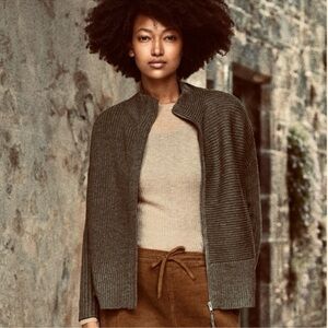 Poetry Taupe Ribbed Knit High Neck Full Zip Sweater Chunky Wool, Cotton Sz 6